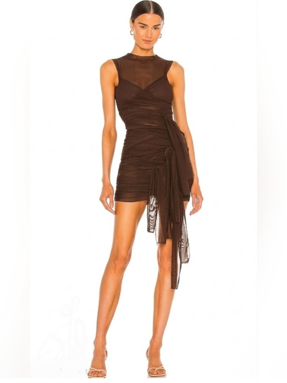 MICAS Sheer Mesh Wrap Tie Ribbon Midi Dress